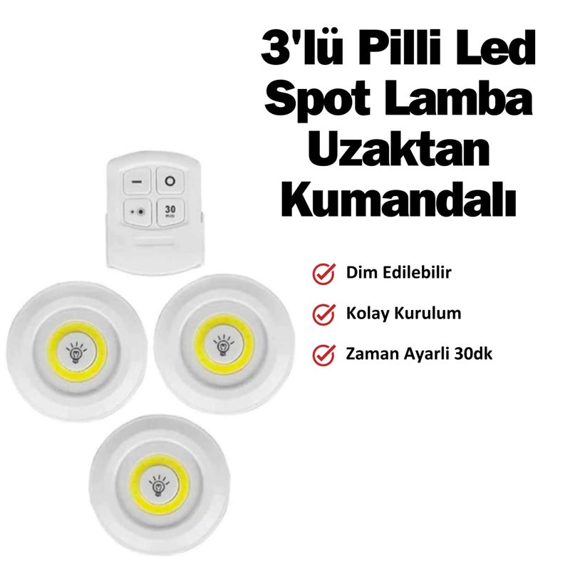Amber LED Set of 3 LED Lights with Remote Control White Light - Spotlight for Under Cabinet, Pantry, Kitchen, Wireless Lighting (11 Batteries Included) - Image 2
