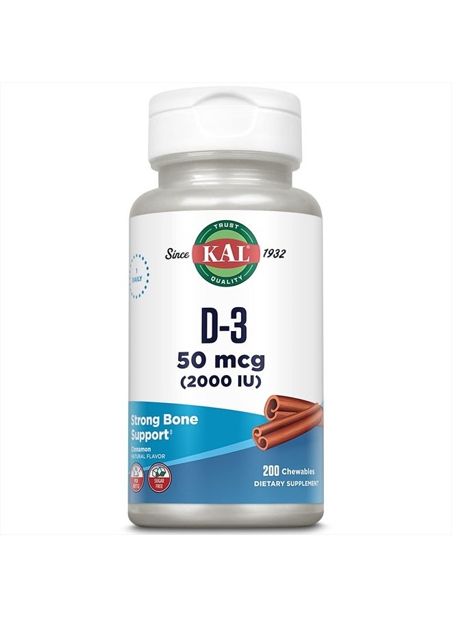 KAL Vitamin D3 Chewables 50 mcg, Vitamin D 2000 IU as Cholecalciferol, Sugar Free, Natural Cinnamon Flavor D3 Vitamin, Immune Support & Bone Health, 200 Servings, 200 Chewables - Image 1