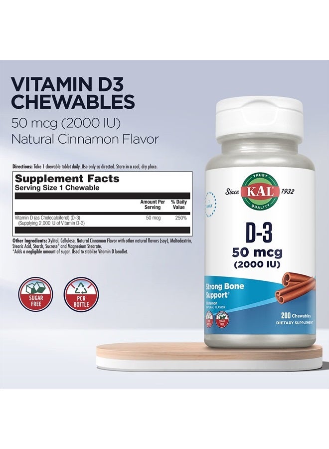 KAL Vitamin D3 Chewables 50 mcg, Vitamin D 2000 IU as Cholecalciferol, Sugar Free, Natural Cinnamon Flavor D3 Vitamin, Immune Support & Bone Health, 200 Servings, 200 Chewables - Image 3
