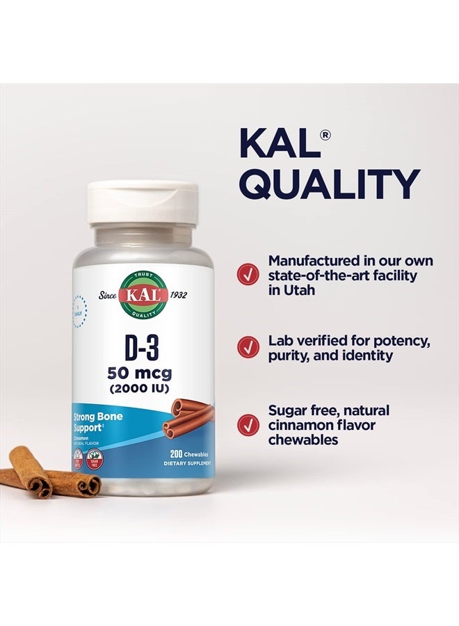 KAL Vitamin D3 Chewables 50 mcg, Vitamin D 2000 IU as Cholecalciferol, Sugar Free, Natural Cinnamon Flavor D3 Vitamin, Immune Support & Bone Health, 200 Servings, 200 Chewables - Image 5