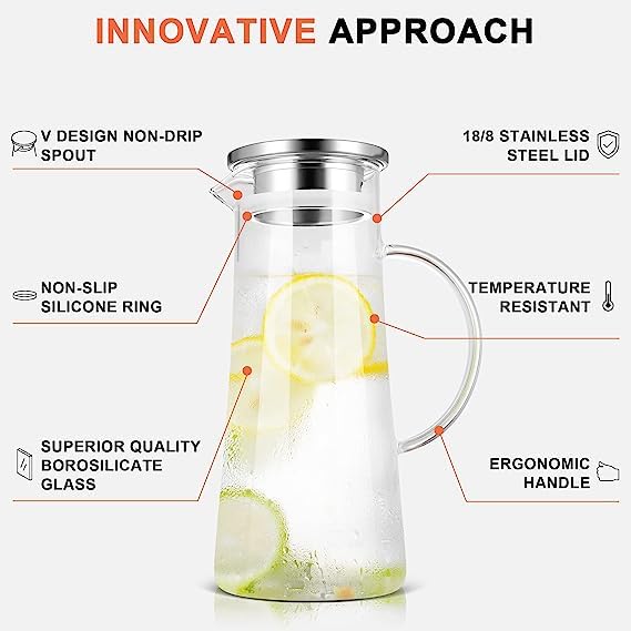 KAMVY 13 Liter Glass Pitcher with Stainless Steel lid iced Tea Pitcher Water jug hot Cold Water Wine Coffee Milk Juice Beverage Carafe and Sun Tea jar 1300ml Jug 1300 ml - Image 4