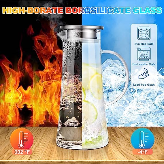 KAMVY 13 Liter Glass Pitcher with Stainless Steel lid iced Tea Pitcher Water jug hot Cold Water Wine Coffee Milk Juice Beverage Carafe and Sun Tea jar 1300ml Jug 1300 ml - Image 3