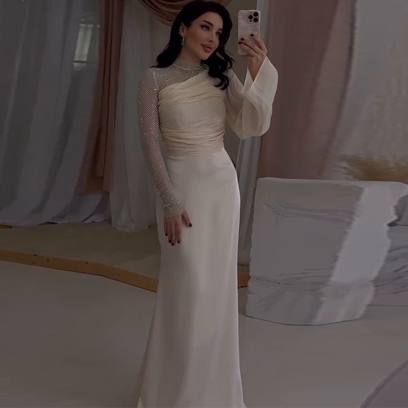 Women'S Long Sleeve Round Neck Grid Color Brick Light Luxury Dress - Image 2