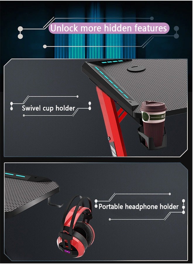 Yolu - Carbon Fibre Surface Gaming Desk with Led Lights,Large RGB Gaming Computer Desk with Cup Holder Headphone Hook - Image 1