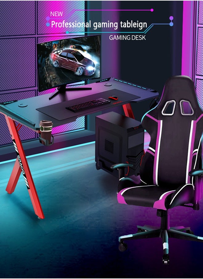 Yolu - Carbon Fibre Surface Gaming Desk with Led Lights,Large RGB Gaming Computer Desk with Cup Holder Headphone Hook - Image 1