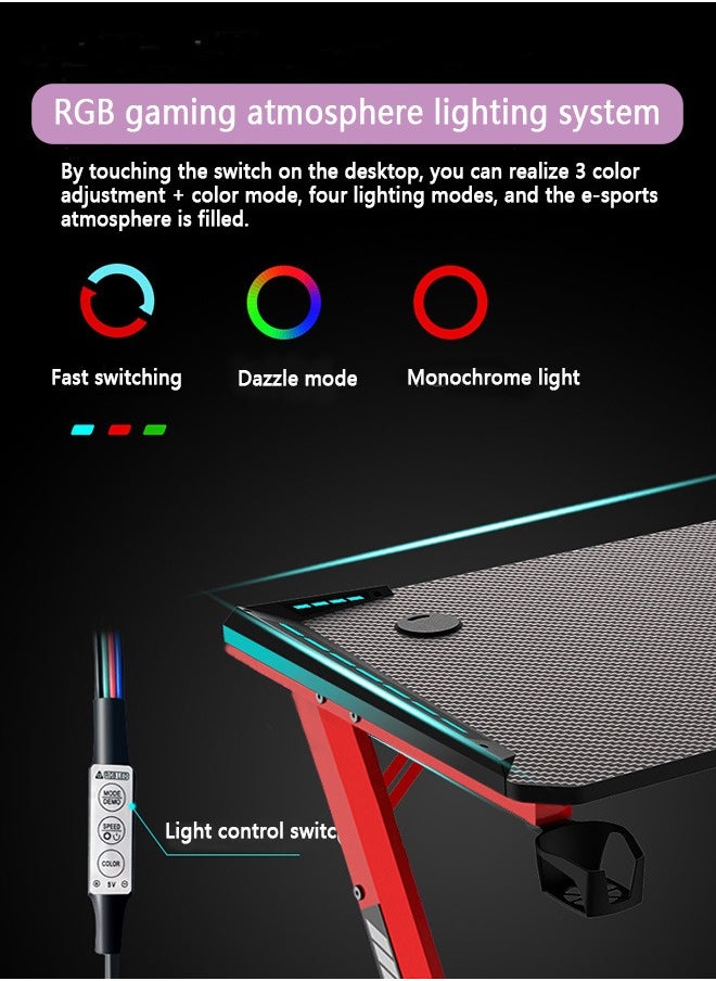 Yolu - Carbon Fibre Surface Gaming Desk with Led Lights,Large RGB Gaming Computer Desk with Cup Holder Headphone Hook - Image 1