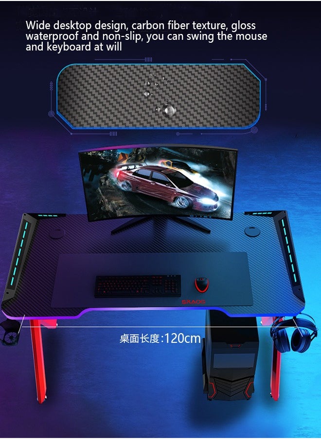 Yolu - Carbon Fibre Surface Gaming Desk with Led Lights,Large RGB Gaming Computer Desk with Cup Holder Headphone Hook - Image 1
