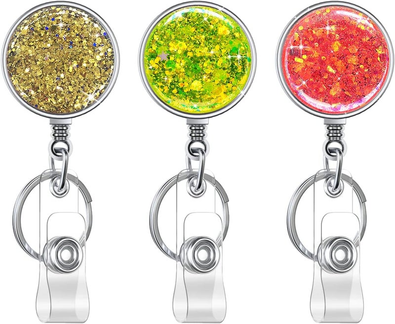 Boutilon Retractable Badge Holder, Retractable Badge Reels,Lightweight Plastic Badge Reel Card Holder with Key Ring Backing Belt Clip for Nurse,Volunteer,Teacher,Student(3 Pack Green Golden Pink) - Image 1