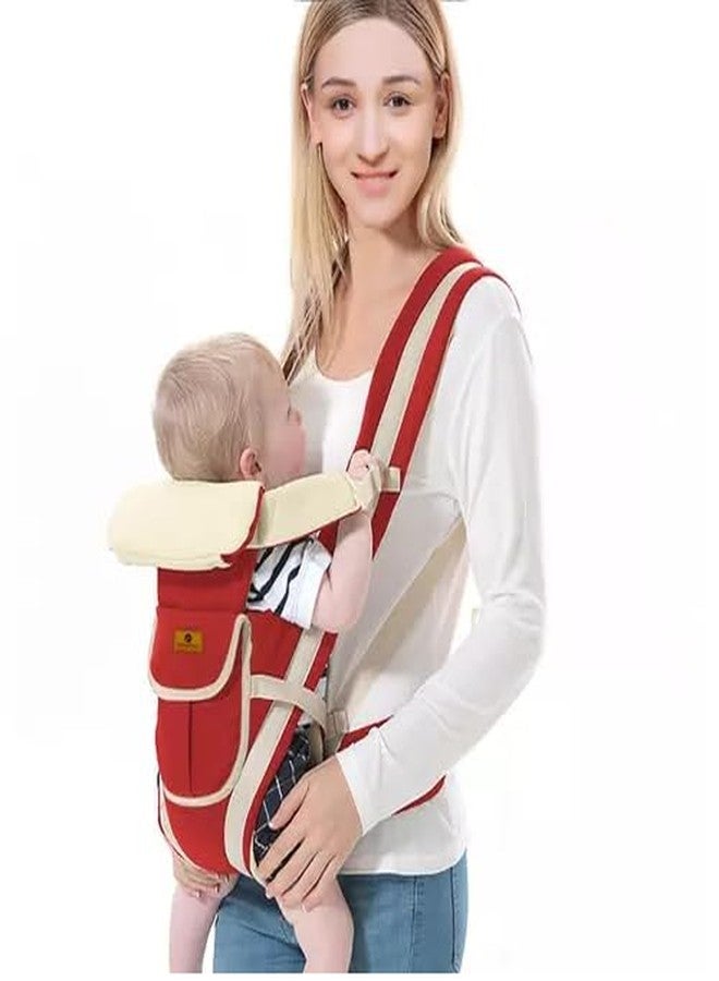 SKMODEL STYLISH Kid Adjustable Hands-Free 4-In-1 Baby Carrier Cum Kangaroo Bag With Comfortable Head Support & Buckle Straps For 0-18 Months Baby (Red) - Image 1