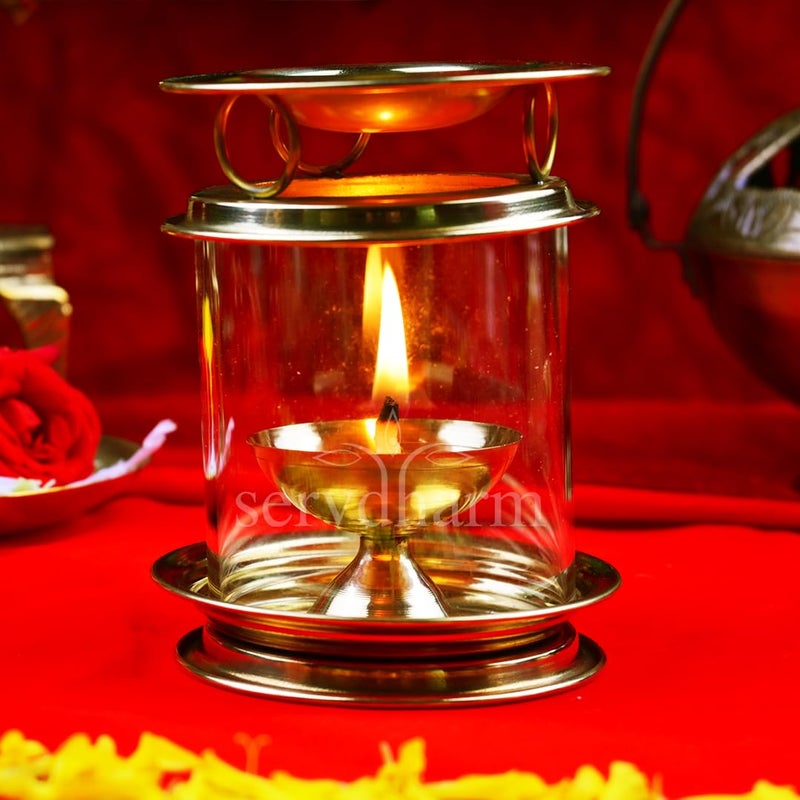 ServDharm Brass Diya Camphor DiffuserAroma Incence BurnerKapoor Dani Brass Akhand Diya for Puja with Borosilicate Glass Cover Multipurpose Essential Oil Camphor Burner 4 inches 20 ml - Image 1