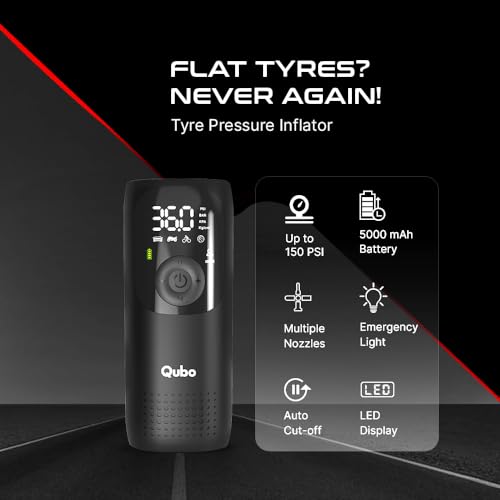 Qubo Smart Tyre Inflator PRO from Hero Group | Turbo Motor with Super Fast Inflation |150 PSI |Car 12V Port Input |Digital Display |5 Air Fill Modes |LED Light |Multiple Nozzles |Auto Cut-Off | Black - Image 2