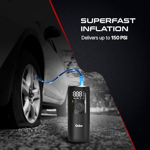 Qubo Smart Tyre Inflator PRO from Hero Group | Turbo Motor with Super Fast Inflation |150 PSI |Car 12V Port Input |Digital Display |5 Air Fill Modes |LED Light |Multiple Nozzles |Auto Cut-Off | Black - Image 3