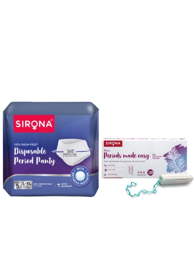 Sirona Disposable Period Panties for Women | L – XL | 360° Sanitary Protection for Heavy Flow & Sirona Period Made Easy Tampons - 20 Piece | For Heavy Flow - Image 1