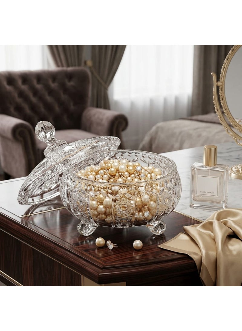 Bohemian Glass Candy Dish with Feet, Decorative Serving Bowl for Sweets and Nuts with Embossed Design, Elegant Tableware for Hosting - Transparent - Image 2