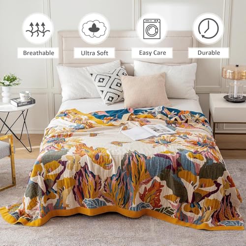 LUTBM Queen Throw Blanket for Bed 100% Cotton Boho Ultra Soft Quilt Butterfly and Floral Double Embroidery Fall Queen Bed Blanket Bedspread,90"x 90" All Season Blankets for Bedding Couch - Image 2