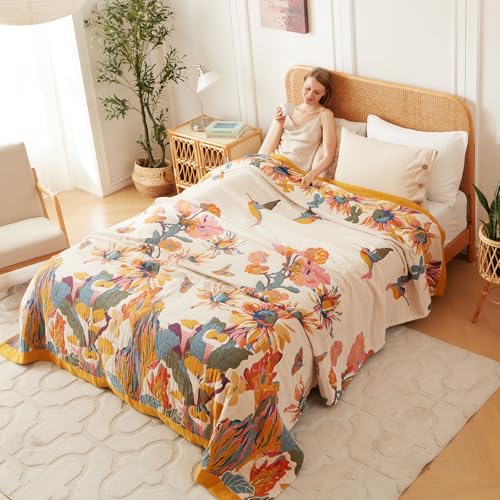 LUTBM Queen Throw Blanket for Bed 100% Cotton Boho Ultra Soft Quilt Butterfly and Floral Double Embroidery Fall Queen Bed Blanket Bedspread,90"x 90" All Season Blankets for Bedding Couch - Image 5
