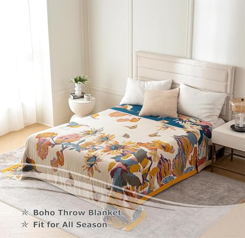 LUTBM Queen Throw Blanket for Bed 100% Cotton Boho Ultra Soft Quilt Butterfly and Floral Double Embroidery Fall Queen Bed Blanket Bedspread,90"x 90" All Season Blankets for Bedding Couch - Image 3