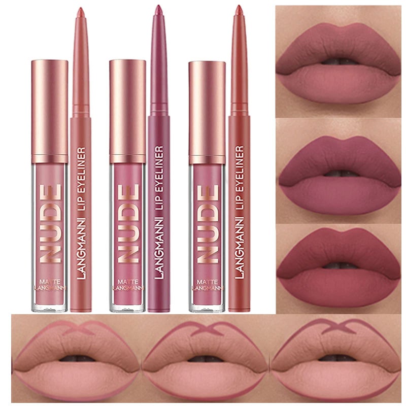 URQT 6pcs Lip Liner and Lipstick Makeup Set, 3 Velvety Matte Liquid Lipsticks + 3 Matching Smooth Lip Liner One Step Lips Makeup Kits Waterproof Long Lasting Matte Lipstick Gift Set (Set C, 6) - Image 1