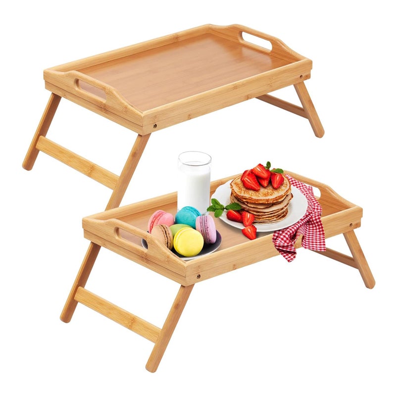 Artmeer Bed Tray Table with Foldable LegsBamboo Breakfast Tray with Handles Ideal for Sofa Bed EatingWorkingUsed As Laptop Desk Snack Tray 2 Pack Bamboo