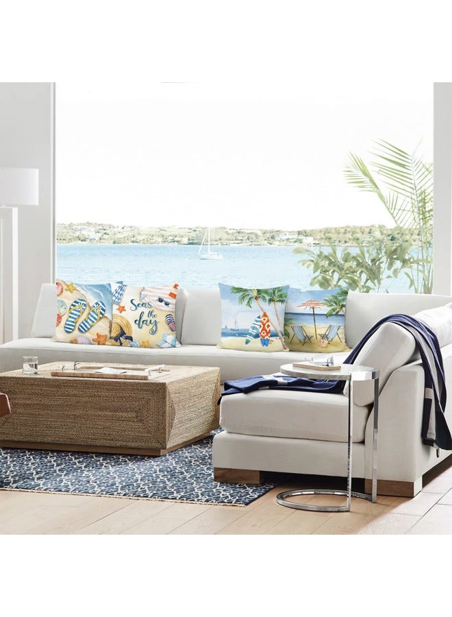 Bonhause Set of 4 Cushion Covers Summer Beach 45 x 45 cm Starfish Surfboard Palm Tree Sea Landscape Decorative Cushion Covers for Sofa Living Room Home Summer Decoration - Image 2