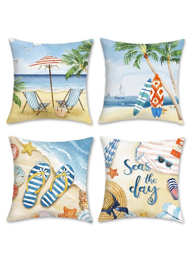 Bonhause Set of 4 Cushion Covers Summer Beach 45 x 45 cm Starfish Surfboard Palm Tree Sea Landscape Decorative Cushion Covers for Sofa Living Room Home Summer Decoration - Image 1