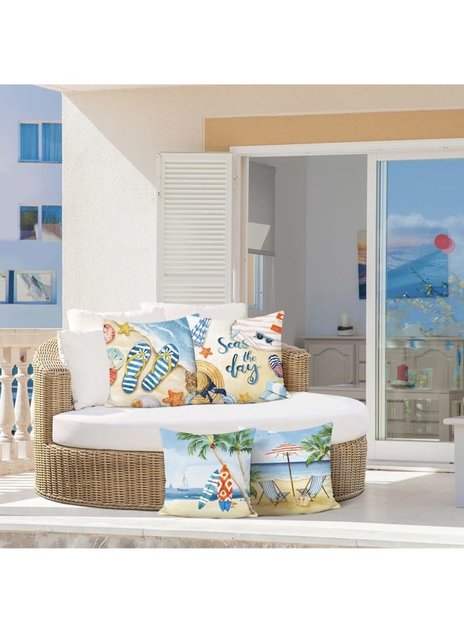 Bonhause Set of 4 Cushion Covers Summer Beach 45 x 45 cm Starfish Surfboard Palm Tree Sea Landscape Decorative Cushion Covers for Sofa Living Room Home Summer Decoration - Image 3