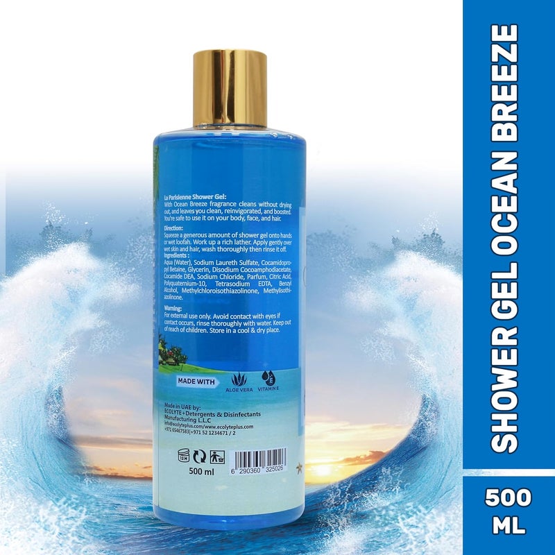 ECOLYTE+ La Parisienne Premium Luxury Shower Gel - Ocean Breeze, 500 ml with Vitamin E for Soft & Silky Skin - Image 3