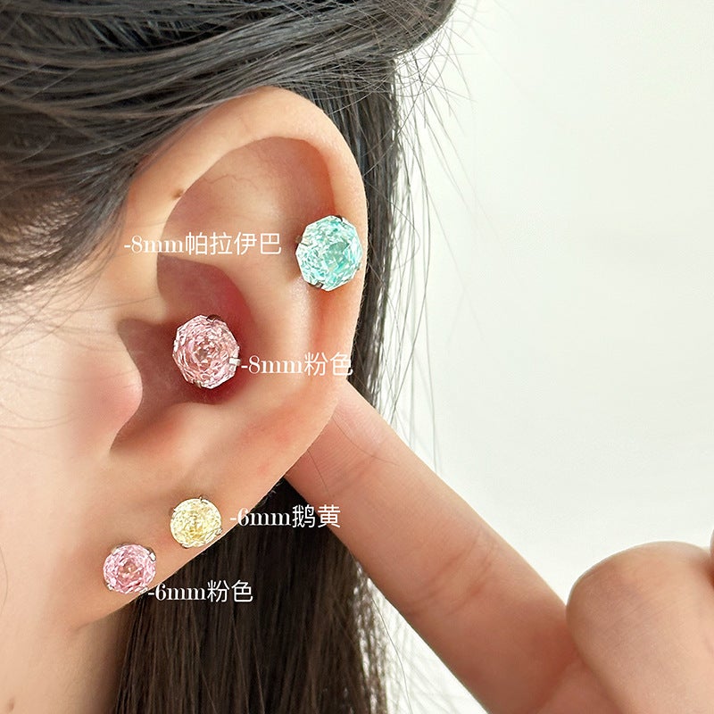 Flash Color Diamond Rose Cut Ear Bone Nail 8Mm Flat Bottom Titanium Steel Camellia Ear Nail Niche - Image 4
