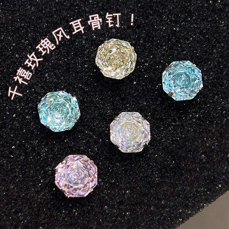 Flash Color Diamond Rose Cut Ear Bone Nail 8Mm Flat Bottom Titanium Steel Camellia Ear Nail Niche - Image 2