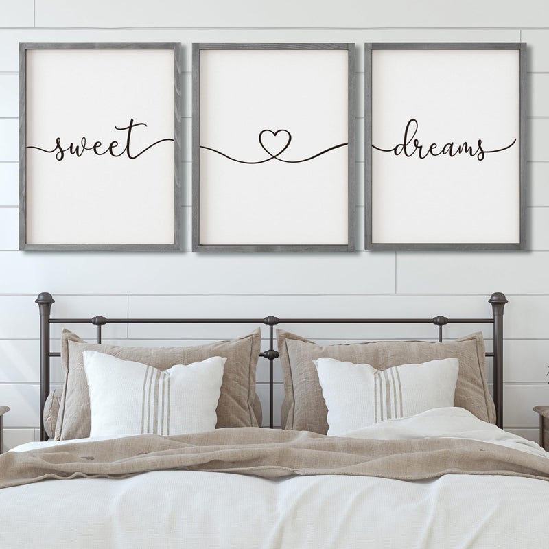 Houmury Set of 3 Framed Farmhouse Sweet Dreams Sign 11x14 Above Bed Wall Decor for Bedroom Decor Wall Art Wood Signs 11x14 Gray