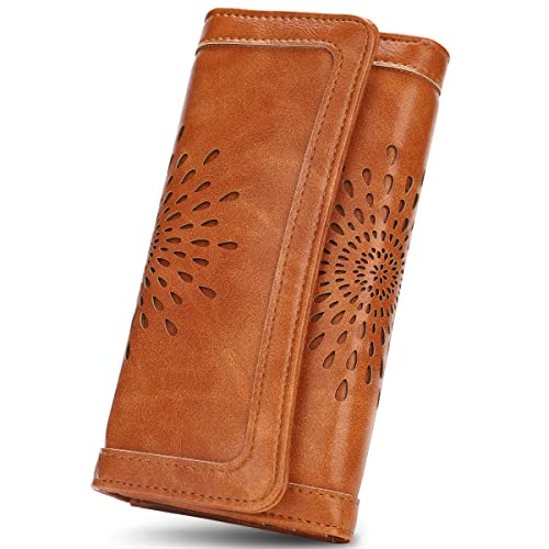 APHISON Ladies Soft PU Leather Long Wallet Trifold Clutch Purse Credit Card Holder Case for Women With Gift Box 2214 (BROWN) - Image 1