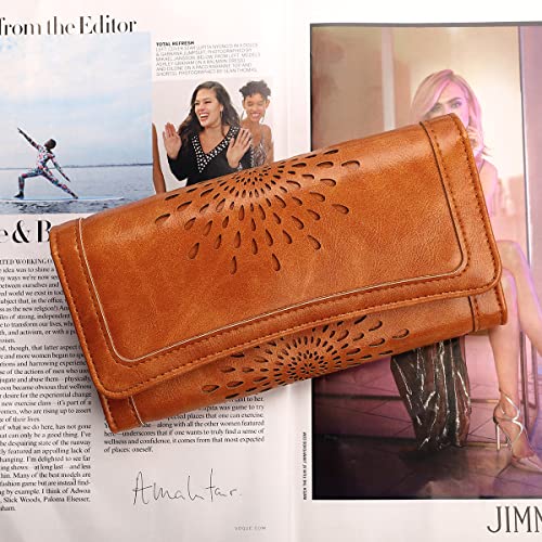 APHISON Ladies Soft PU Leather Long Wallet Trifold Clutch Purse Credit Card Holder Case for Women With Gift Box 2214 (BROWN) - Image 2