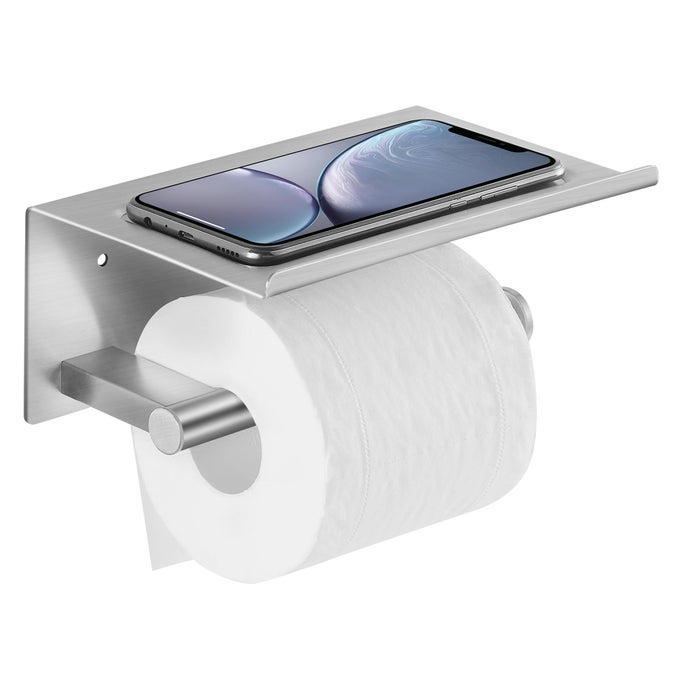 TOILET PAPER HOLDER WITH SHELF WALL MOUNTED ADHESIVE HOLDER FOR BATHROOM TISSUE ROLL HOLDER WITH PHONE STORAGE SHELF BRUSHED STAINLESS STEEL HOLDER WITH SCREWS