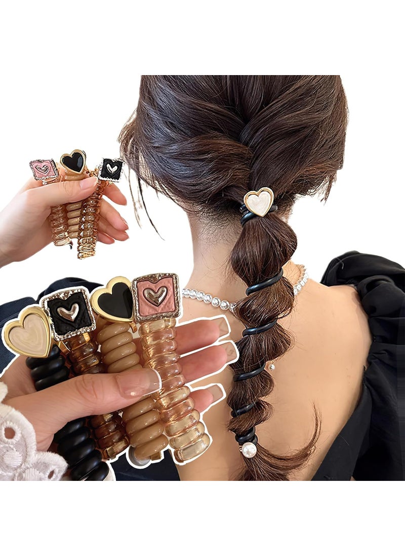 BASEMMAHER Heart Braided Telephone Wire Hair Bands Spiral Hair Ties Phone Cord New Phone Cord Straight Spiral Elastic Coils No Crease Hair Scrunchies Ponytail Holder Accessories for Women Girls 4Pcs 