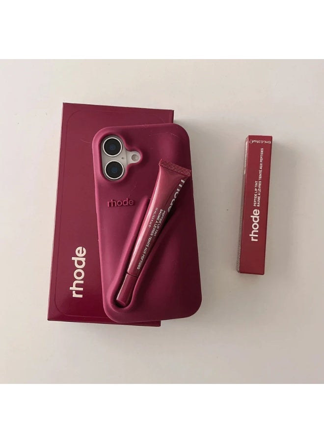 rhode Lip Gloss Phone Case with Lip Tint, For iPhone Case Liquid Silicone Camera Protection Lipstick Lip Glaze Phone Case for iPhone 16  (Raspberry Jelly) - Image 1