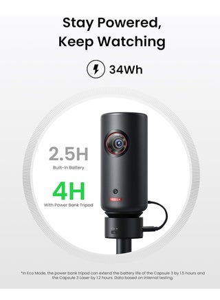 Capsule Power Bank Tripod, Up to 2H Built-in Battery, Adjustable Height from 215mm to 840mm, 0-90 Degree Adjustable Viewing Angle, 3s Easy Setup, for The Capsule Series (Only Tripod) - Black - view 3