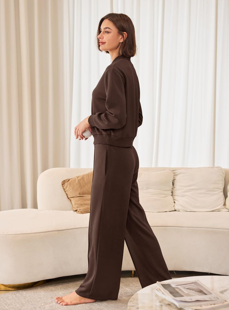 Yanekop Womens Sweatsuits 2 Piece Outfit Two Piece Lounge Set Matching Sweat Sets Half Zip Pullover and Wide Leg Pants(Chocolate Brown,M) - Image 4