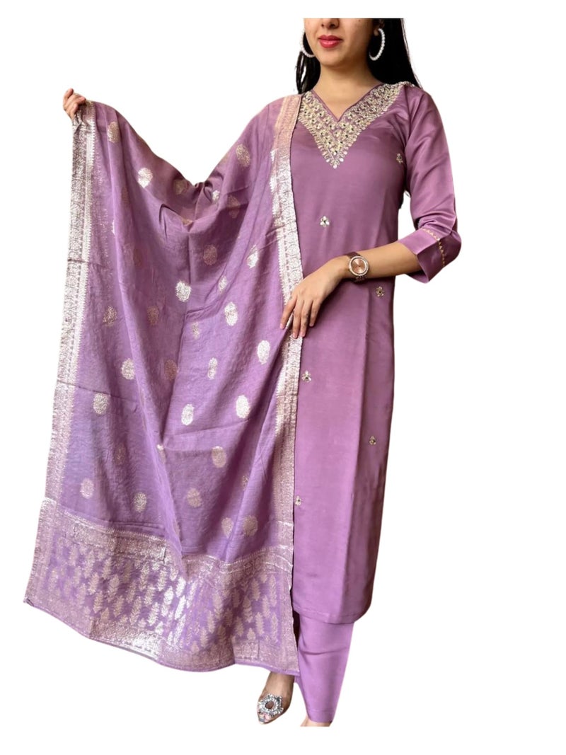 Florely Women's Viscose Chanderi Silk Embroidery Kurta Bottom Set, and Dupatta Set Traditional Kurta Set for Women Cotton Kurtis for Women Latest (in, Alpha, S, Regular, Rose Pink) - Image 1