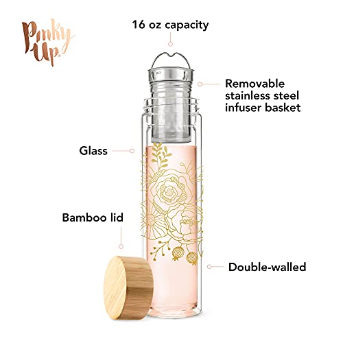Pinky Up Blair Travel Infuser Mug, Double-Walled Glass, Stainless Steel Strainer, 16 Oz, Bouquet - Image 2