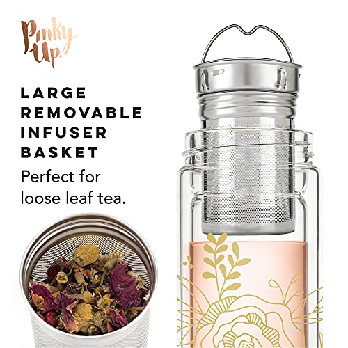 Pinky Up Blair Travel Infuser Mug, Double-Walled Glass, Stainless Steel Strainer, 16 Oz, Bouquet - Image 3