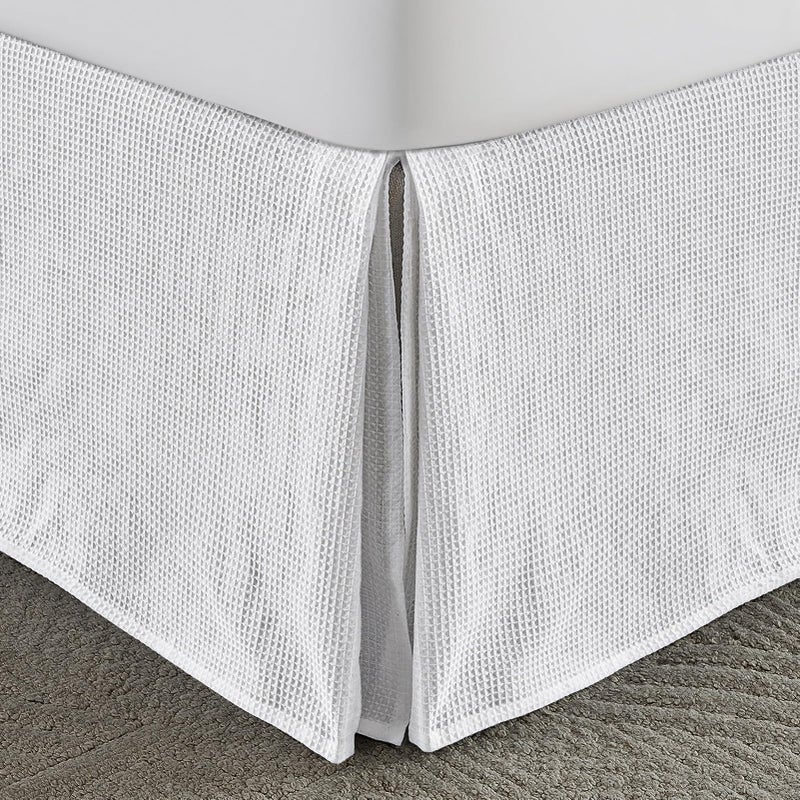 MIYE Premium Cotton Waffle Weave Bed Skirt, 14 Inch Drop Tailored Dust Ruffle with Split Corners, Easy Fitï¼ŒMachine Washable (White, King - 14" Drop) - Image 1