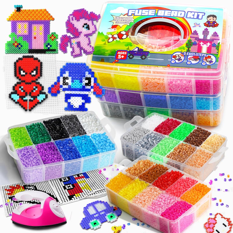 FUNZBO 30000 5mm Fuse Beads Kit with Mini Iron 30 Colors 60 Patterns Easter Homeschool Arts and Crafts Supplies for Kids Toys Set Art Decorations for Room Gifts for Girls and Boys Age 5