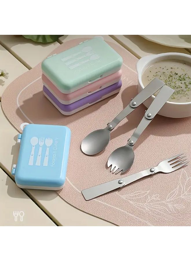 Green Portable Stainless Steel Cutlery Set Foldable Spoon Fork Outdoor Travel Kit - Image 2