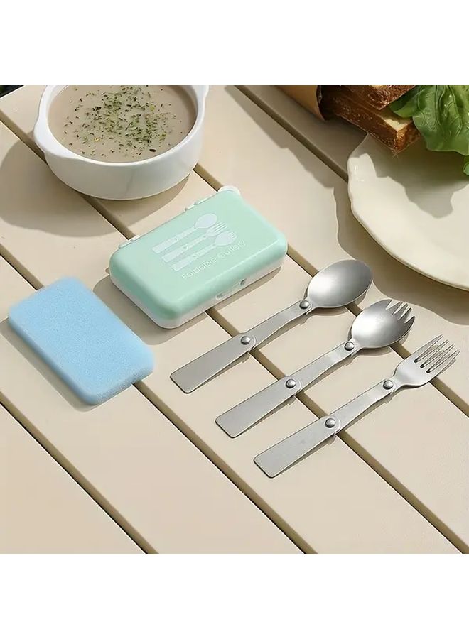 Green Portable Stainless Steel Cutlery Set Foldable Spoon Fork Outdoor Travel Kit - Image 1