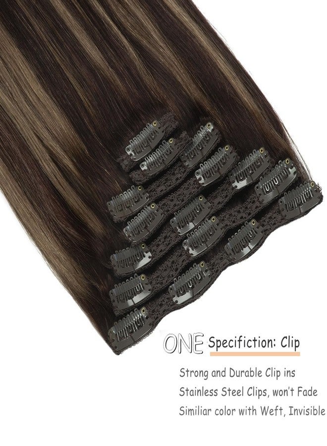 Caliee Hair Extensions Clip in Human Hair Ombre Dark Brown #2 to Dark Brown #2 and Chestnut Brown #6 with Lace Straight Real Human hair, 120g, 7Pcs 14 inch - Image 3