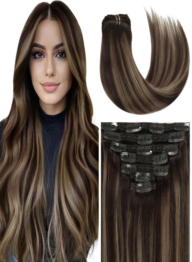 Caliee Hair Extensions Clip in Human Hair Ombre Dark Brown #2 to Dark Brown #2 and Chestnut Brown #6 with Lace Straight Real Human hair, 120g, 7Pcs 14 inch - Image 1