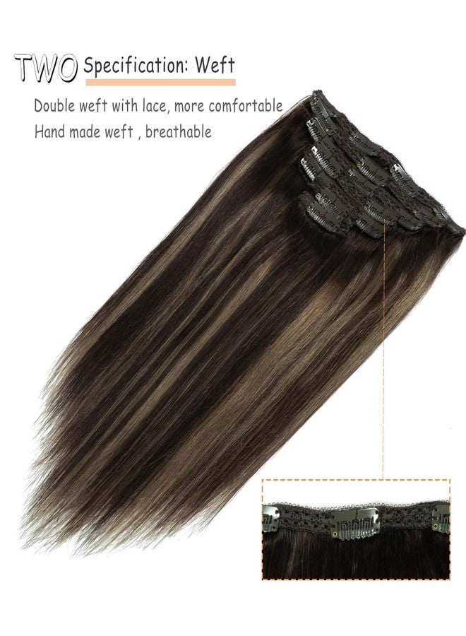 Caliee Hair Extensions Clip in Human Hair Ombre Dark Brown #2 to Dark Brown #2 and Chestnut Brown #6 with Lace Straight Real Human hair, 120g, 7Pcs 14 inch - Image 4