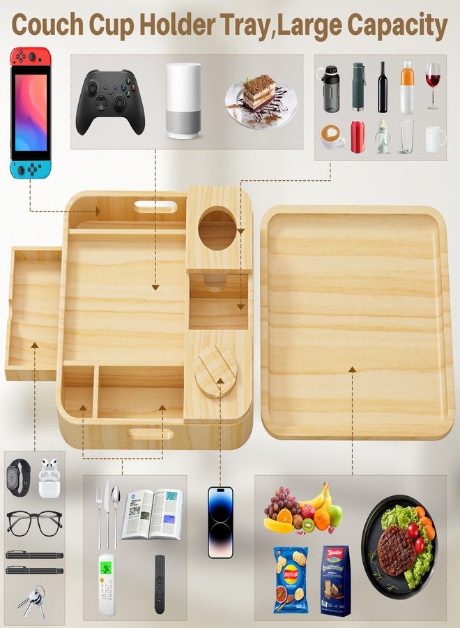 SouStoCol Couch Cup Holder, Couch Tray Cup Holder Sofa Tray, Large Capacity 2-Tier Wooden Trays with Drawer for Sofa, Bed, Picnic, Drinks, Snacks, Remote, Cell Phone, Headphones (Solid Pine Wood)12.5*12.5 in - Image 3