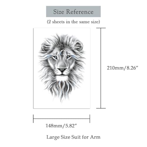 Oottati 2 Sheets Arm Thigh Leg Waterproof Fake Temporary Tattoos Sticker Grey Lion - Image 4