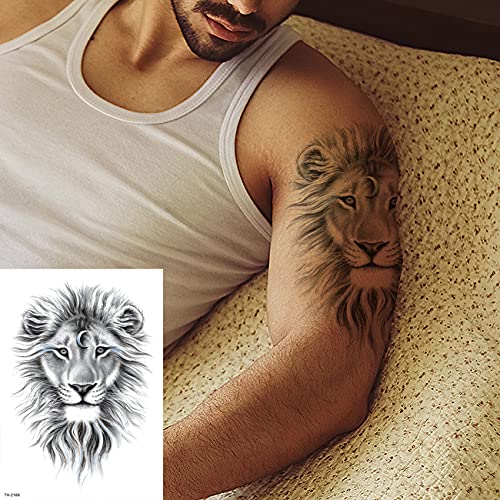 Oottati 2 Sheets Arm Thigh Leg Waterproof Fake Temporary Tattoos Sticker Grey Lion - Image 2
